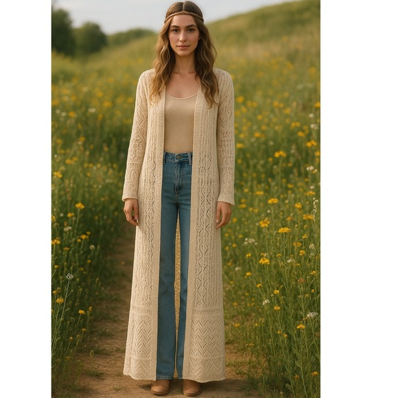 Ivko Off White Crochet Coat Long Cardigan Duster Sweater Coatigan Womens XXL‎ - Picture 1 of 11
